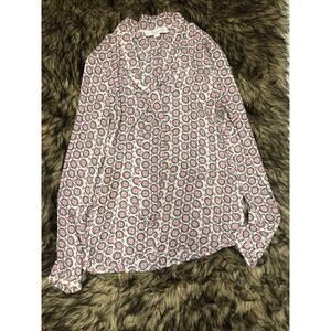 Ann Taylor LOFT Top Small Long Sleeves Multicolor Geometric Tie Neck C